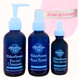 Three dark blue Elderflower skincare bottles with light blue pump tops, labeled Face Cleanser and other elderflower products in a row.